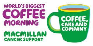 A promotional image for Macmillan Cancer Support's "World's Biggest Coffee Morning" with a mug saying "Coffee, Cake and Company. - Home Instead