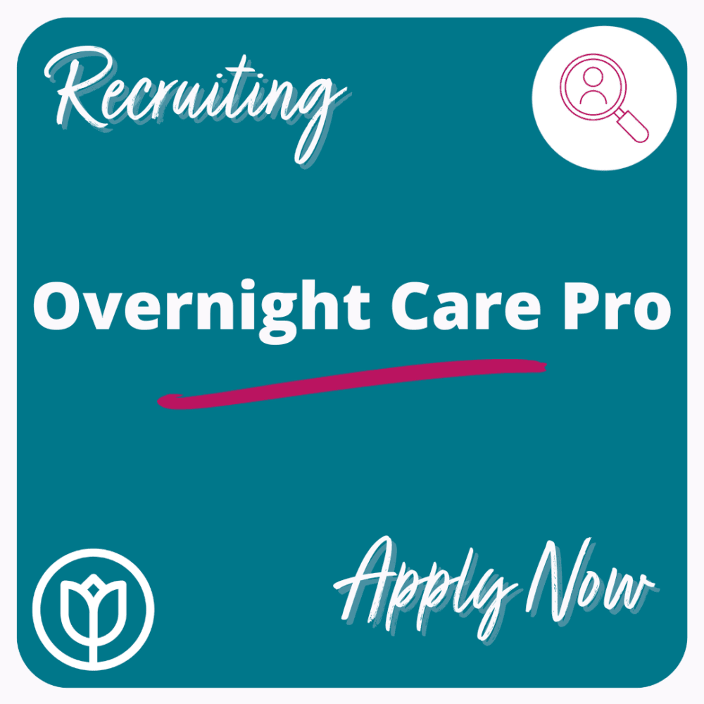 Teal recruitment ad for "Overnight Care Pro" with "Apply Now" and icons for magnifying glass and care. - Home Instead