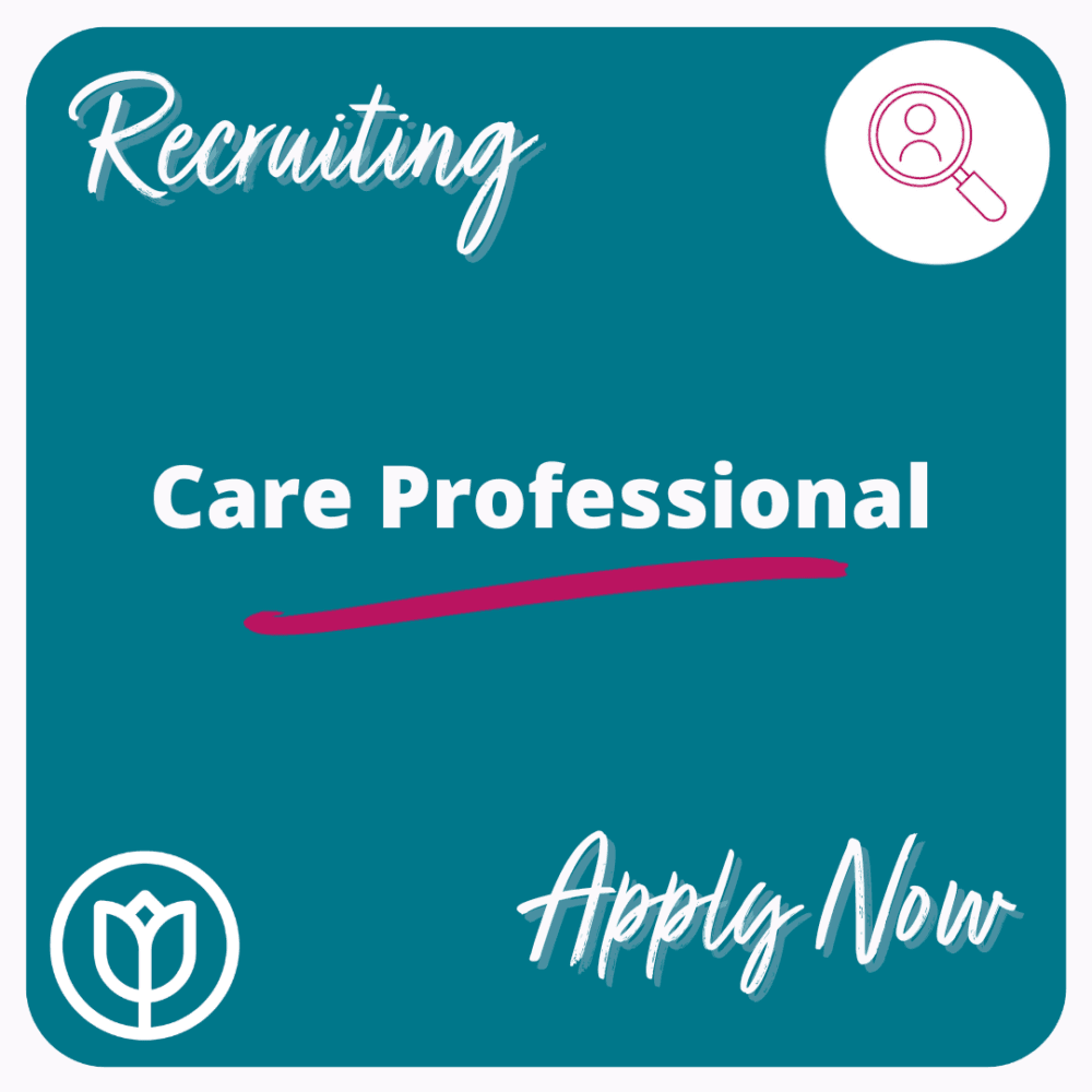 Teal recruitment ad for a care professional. Includes "Apply Now" and icons of a magnifying glass and a flower. - Home Instead