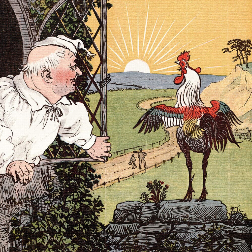 An elderly man leans out a window, looking at a colorful rooster crowing at sunrise, with two people walking in the distance. - Home Instead