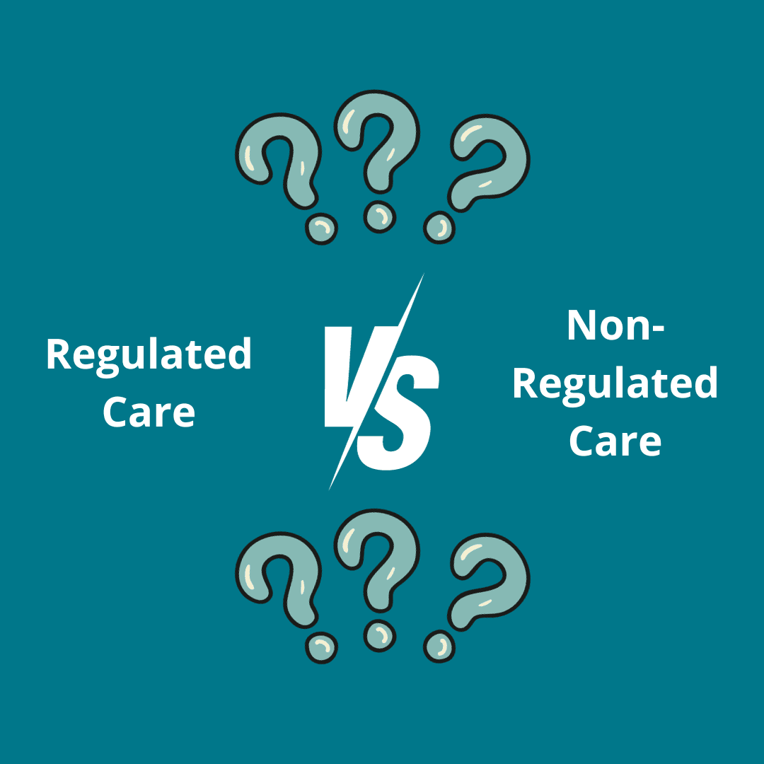 Regulated Care vs. Non-Regulated Care" text with question marks on both sides against a teal background. - Home Instead