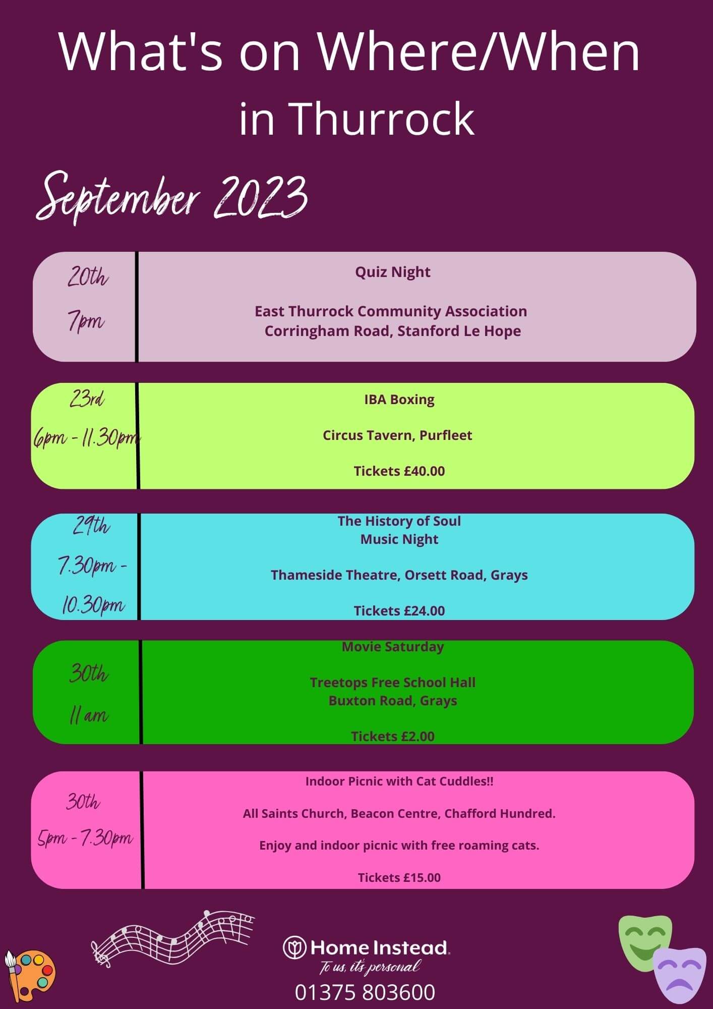 Event calendar for September 2023 in Thurrock featuring Quiz Night, Boxing, Music Nights, and more. Ticket info included. - Home Instead
