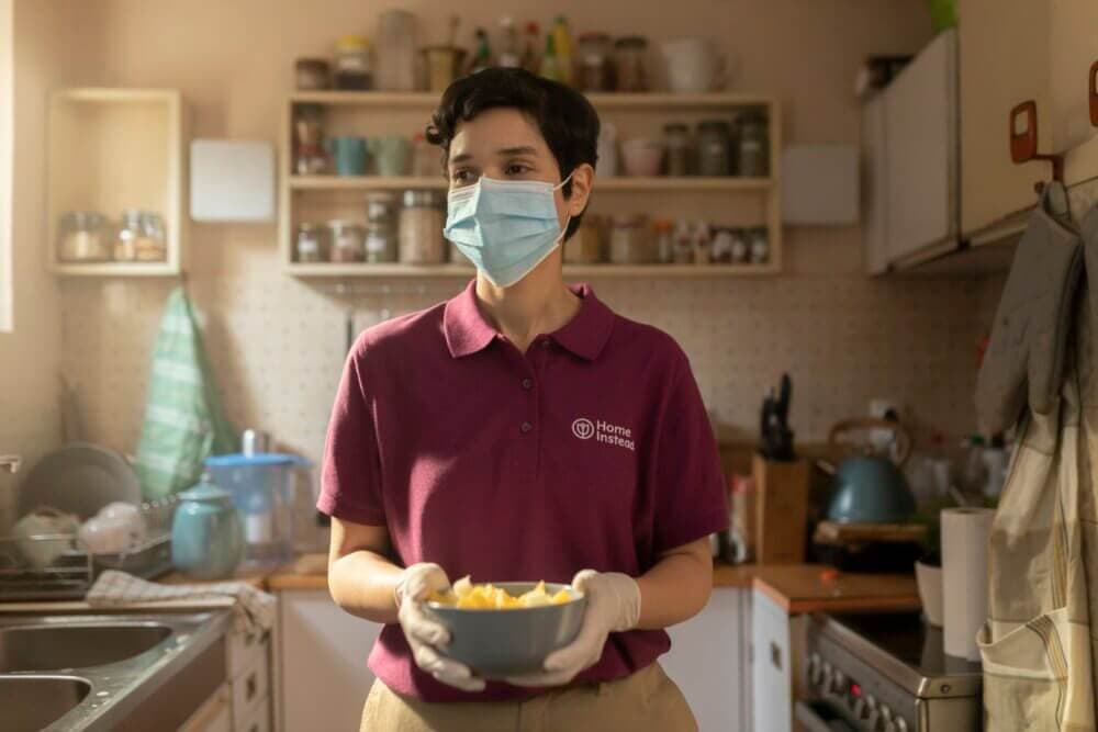 Person wearing a mask and gloves, holding a bowl in a kitchen, wearing a maroon shirt with "Home Instead" logo. - Home Instead