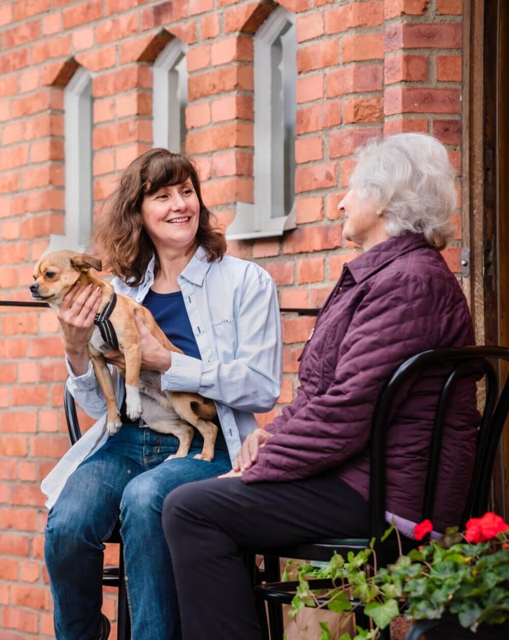 Two women sitting outside a brick building, one holding a small dog, smiling and chatting. - Home Instead