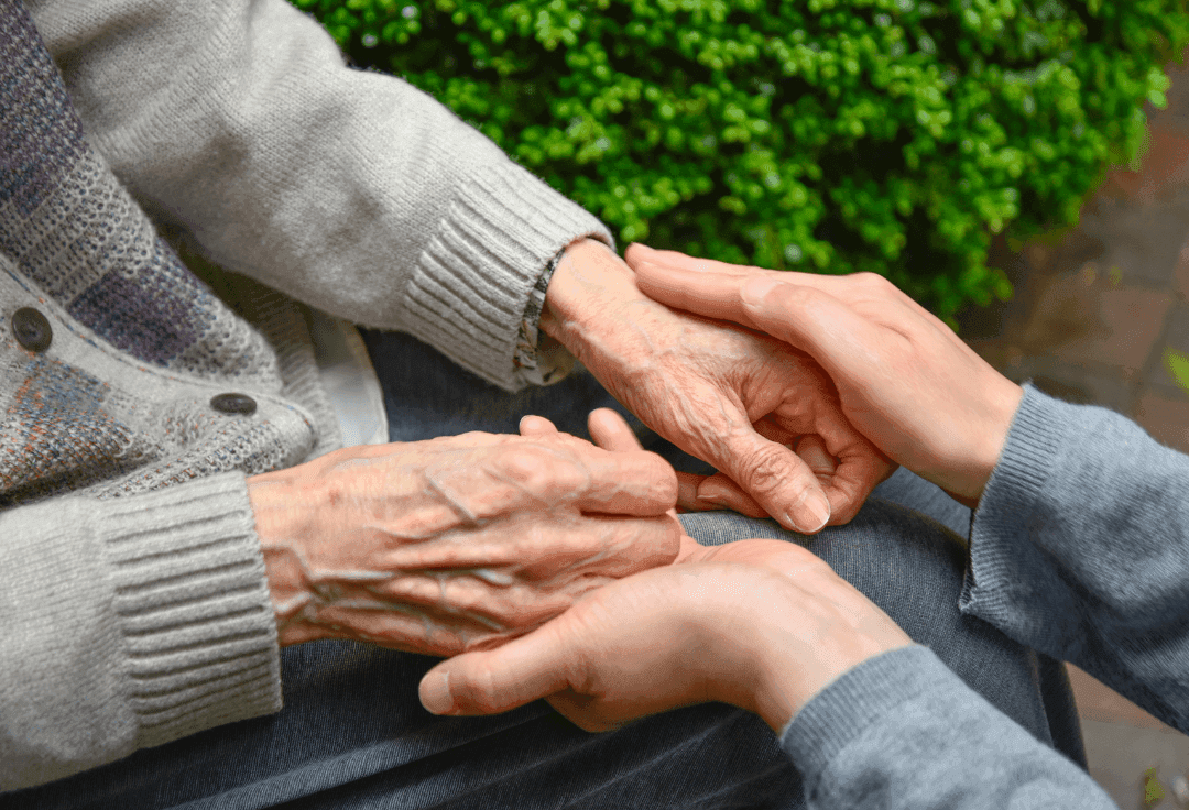 A younger person gently holding the hands of an older person, conveying care and support, with greenery in the background. - Home Instead