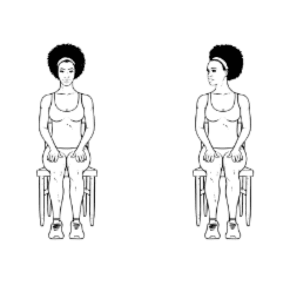 Diagram of a person seated, one image looking forward, the other image looking to the right, demonstrating head rotation. - Home Instead