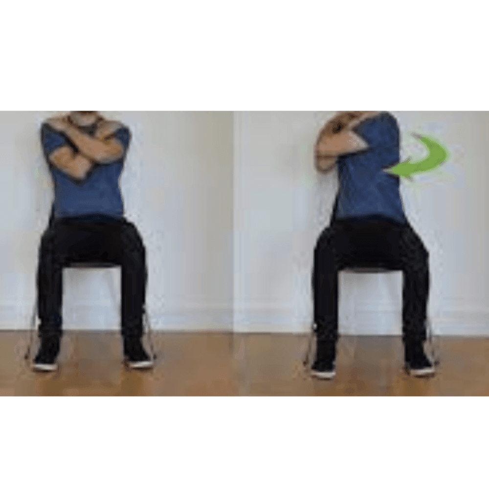 Person sitting in a chair with arms crossed, rotating torso to the right with a green arrow indicating the movement. - Home Instead