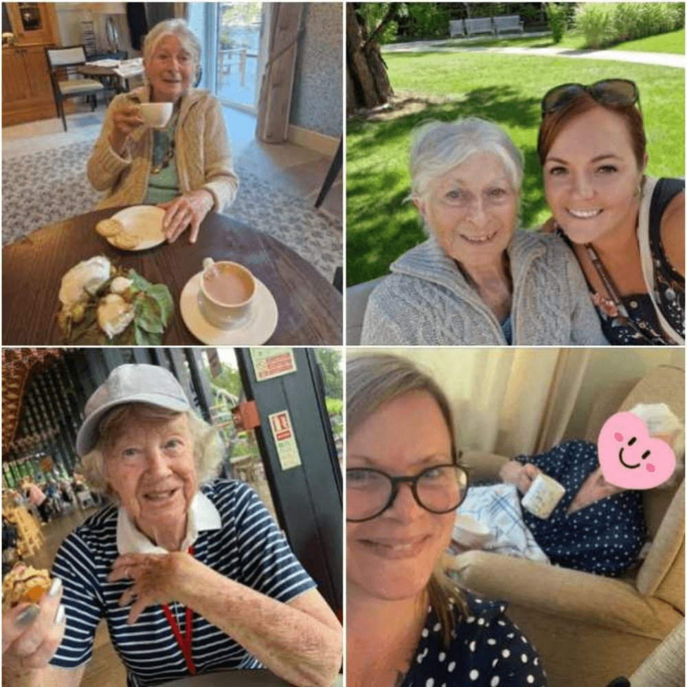 Four photos of an elderly woman with family, enjoying tea, posing outside, smiling, and resting in a chair with a heart sticker. - Home Instead