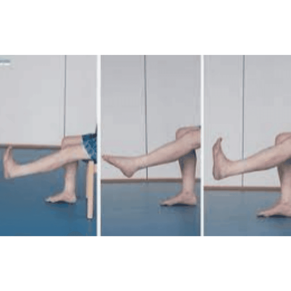 A person seated performing three calf stretches, showing different positions of foot flexion and extension. - Home Instead