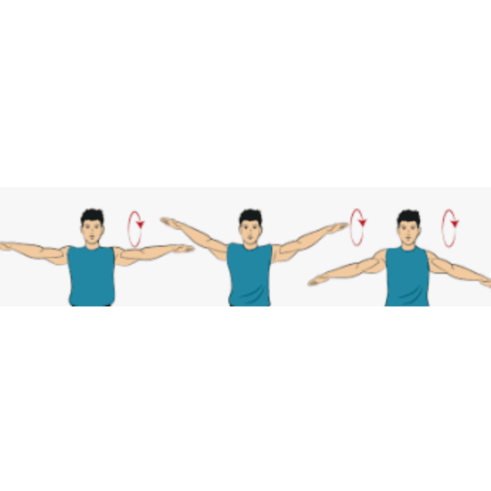 Illustration of a man in a blue shirt performing arm circles exercise with both arms extended sideways. - Home Instead