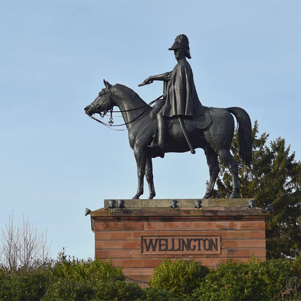 Equestrian statue of a rider with a hat atop a horse, labeled "Wellington," surrounded by greenery and trees. - Home Instead