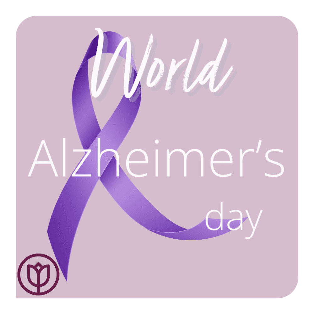 Purple ribbon with "World Alzheimer's Day" text on a light purple background, with a small logo in the bottom left corner. - Home Instead