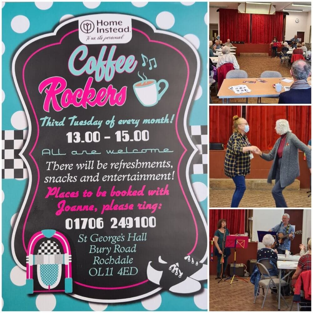 A poster for "Coffee Rockers" with images of people dancing, playing instruments, and a gathering at St George's Hall. - Home Instead