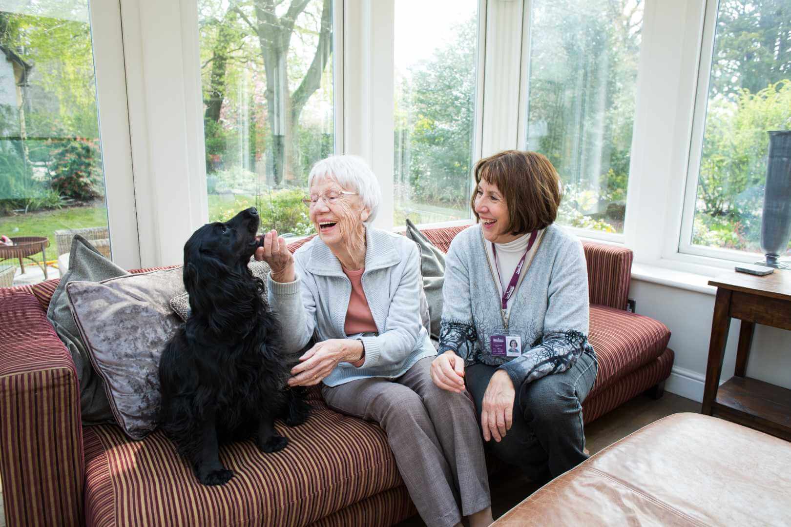 An elderly woman and a caregiver smiling while sitting on a couch with a black dog in a sunlit room. - Home Instead