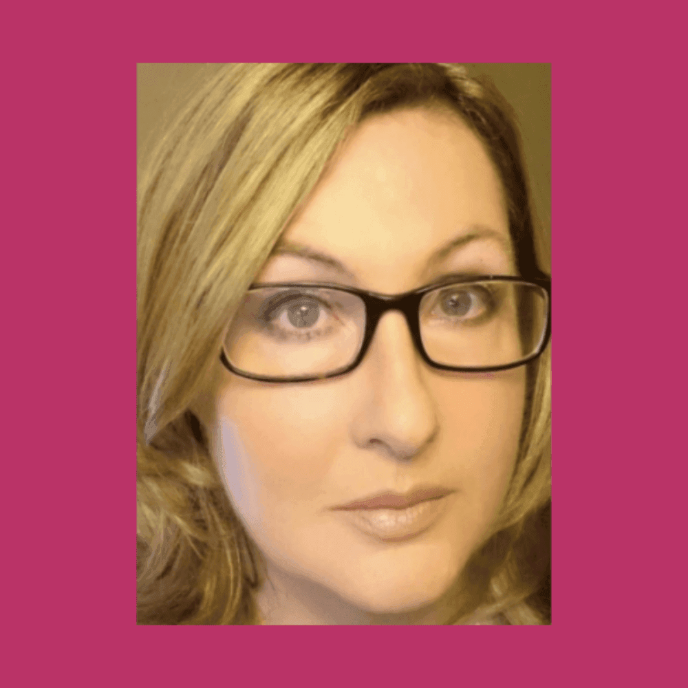 A blonde woman with glasses and a neutral expression against a pink background. - Home Instead