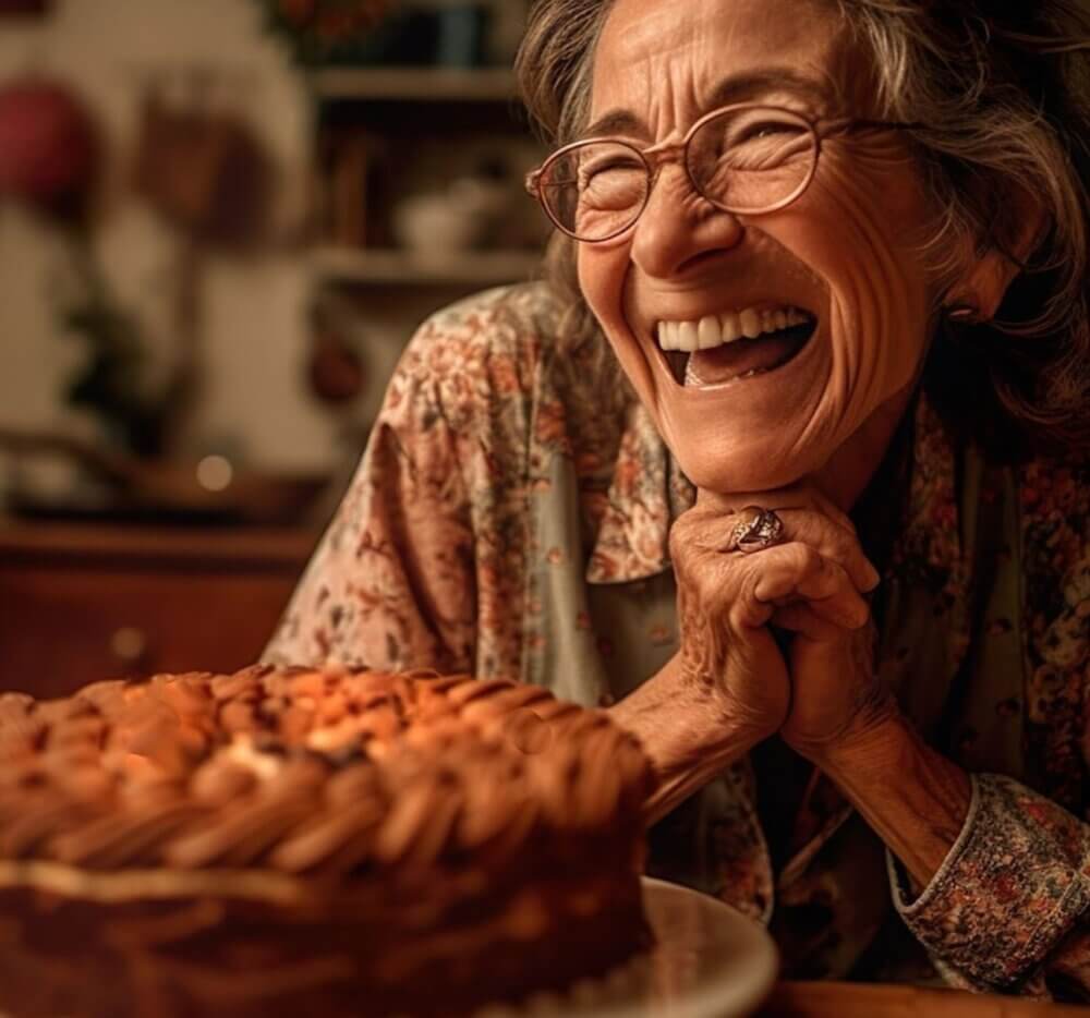 Elderly woman with glasses laughing joyfully at a table with a cake in front of her. - Home Instead