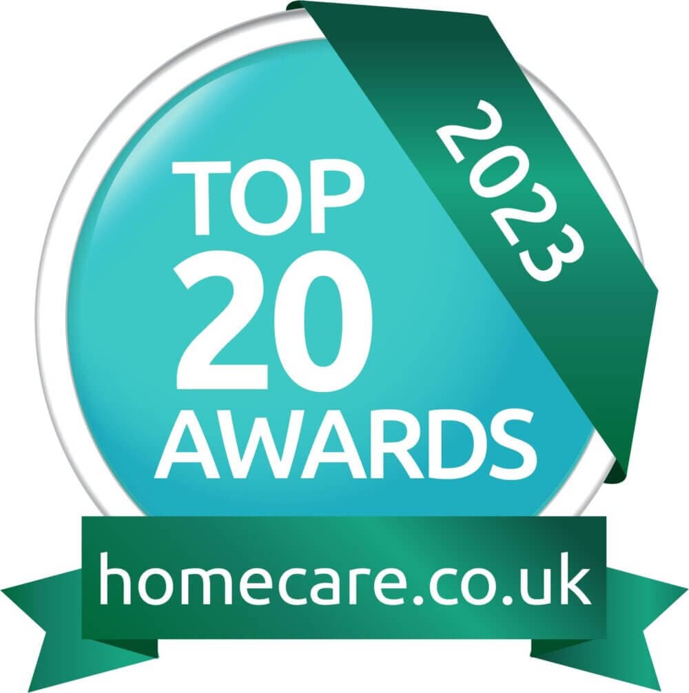 Top 20 Awards 2023 badge from homecare.co.uk with a green ribbon. - Home Instead