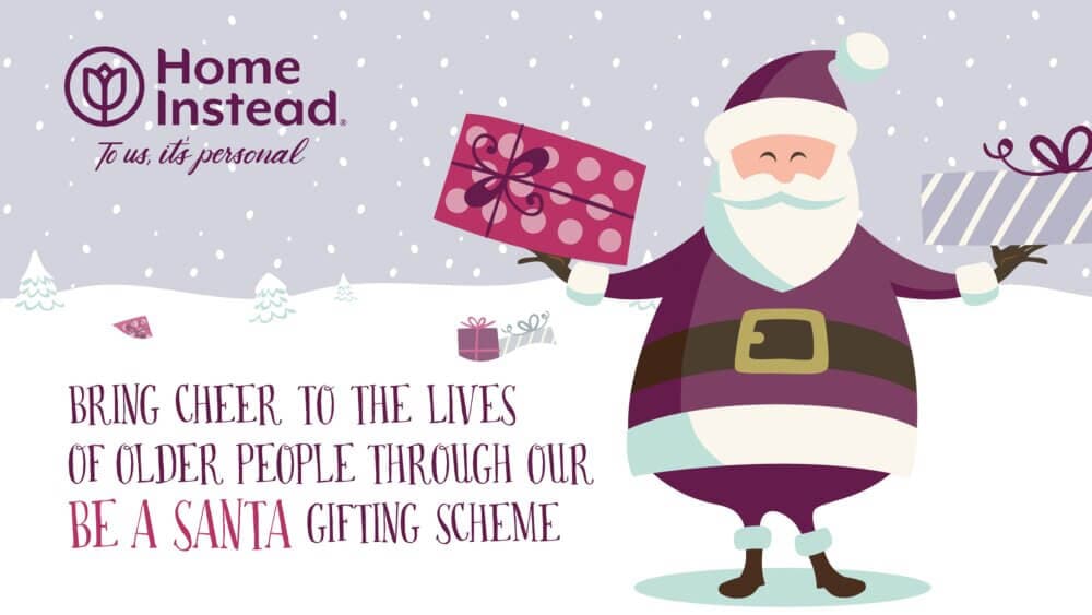Illustration of Santa holding gifts in a snowy setting promoting Home Instead's "Be A Santa" gifting scheme for older people. - Home Instead
