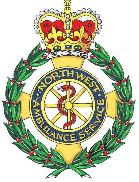 Crown-topped, laurel-wreathed emblem of North West Ambulance Service, featuring a rod of Asclepius in the center. - Home Instead