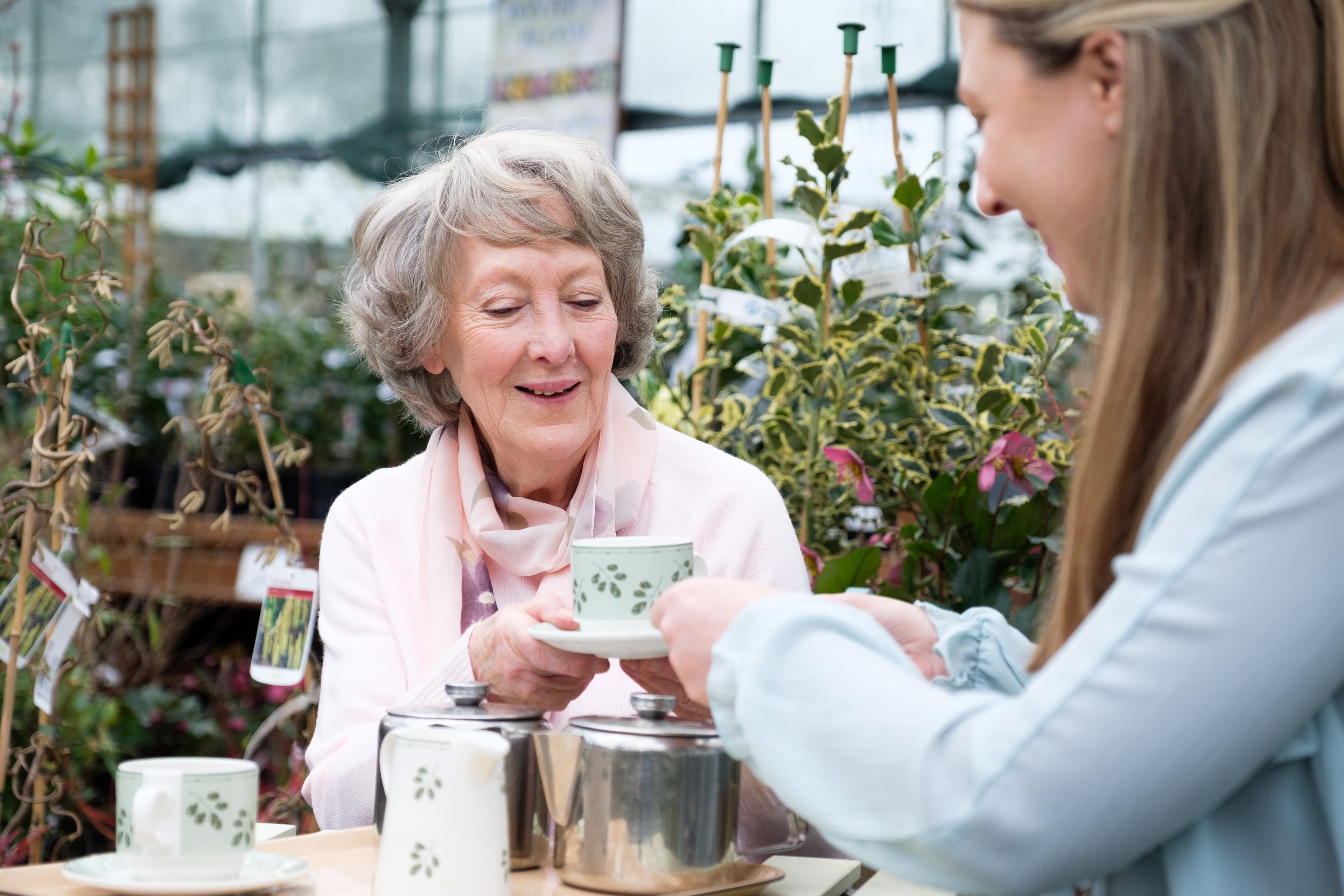 care professional enjoying a cup of tea with an elderly client at a garden centre