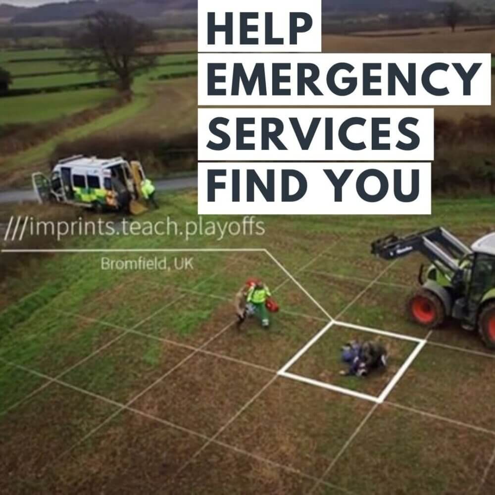 An emergency scene in a field with a vehicle, people providing aid, and a tractor, with text promoting location services. - Home Instead