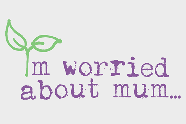 Text with green leaf illustration reads "I'm worried about mum..." in purple, distressed typewriter font on a light background. - Home Instead