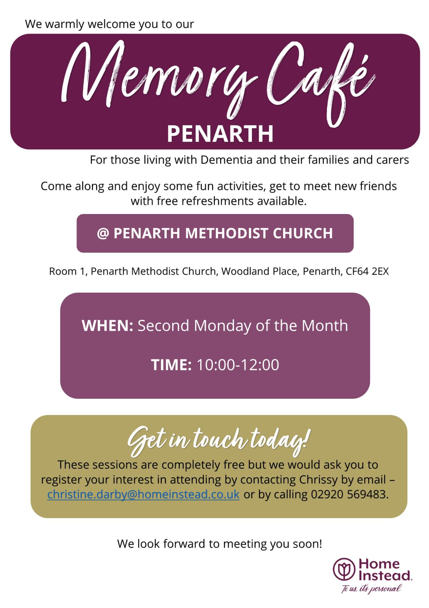 Flyer for the Memory Café Penarth, detailing sessions for dementia patients and carers held monthly at Penarth Methodist Church. - Home Instead