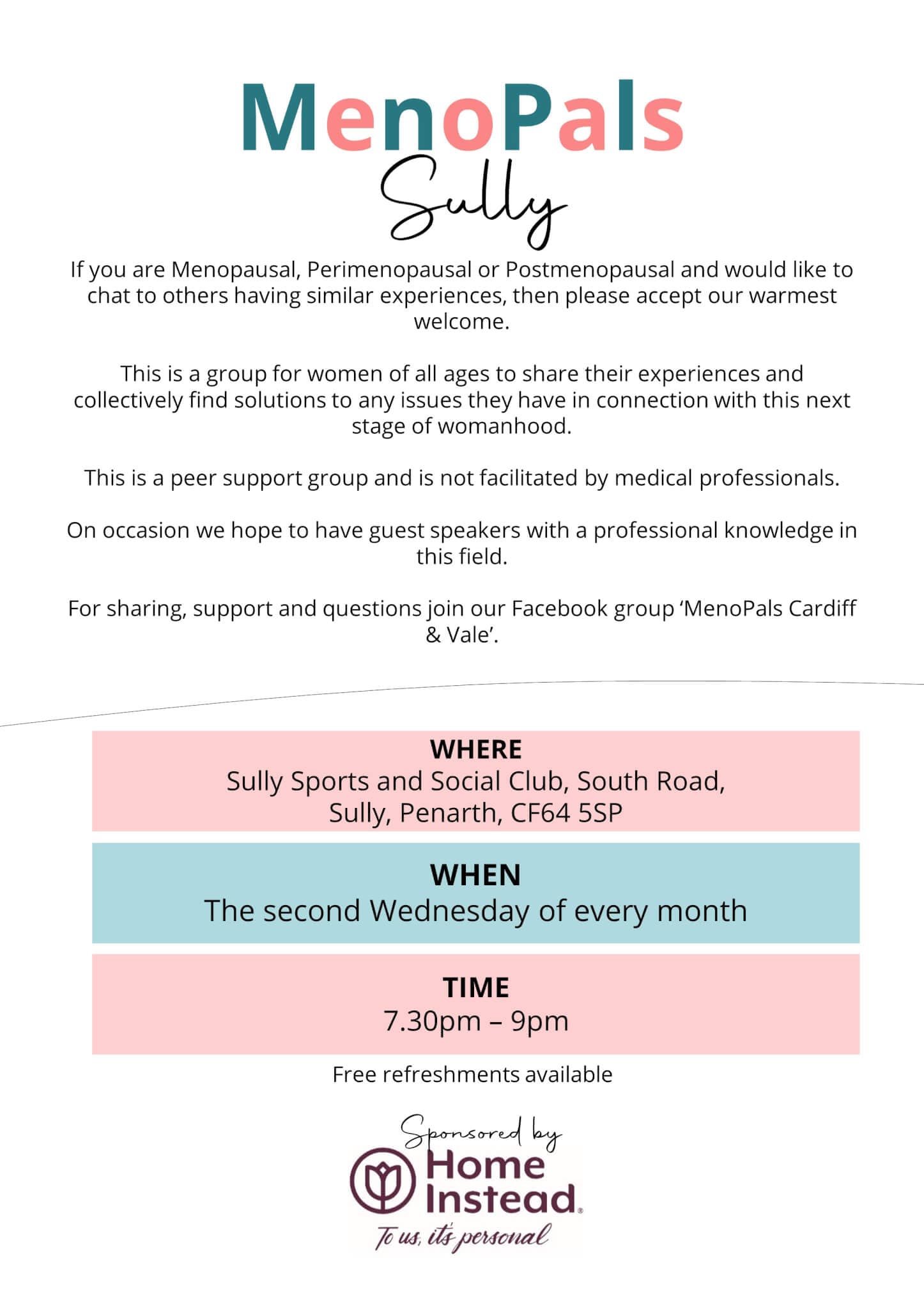 Flyer for MenoPals, a peer support group meeting monthly at Sully Sports and Social Club, Wednesdays 7:30 pm-9 pm. - Home Instead