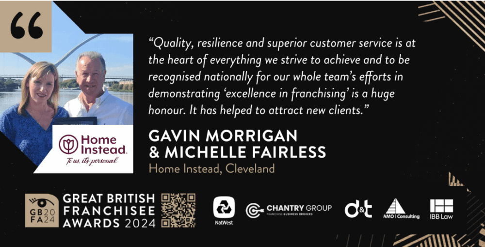 Gavin Morrigan and Michelle Fairless of Home Instead Cleveland are recognized for excellence in franchising at the GBFA 2024. - Home Instead