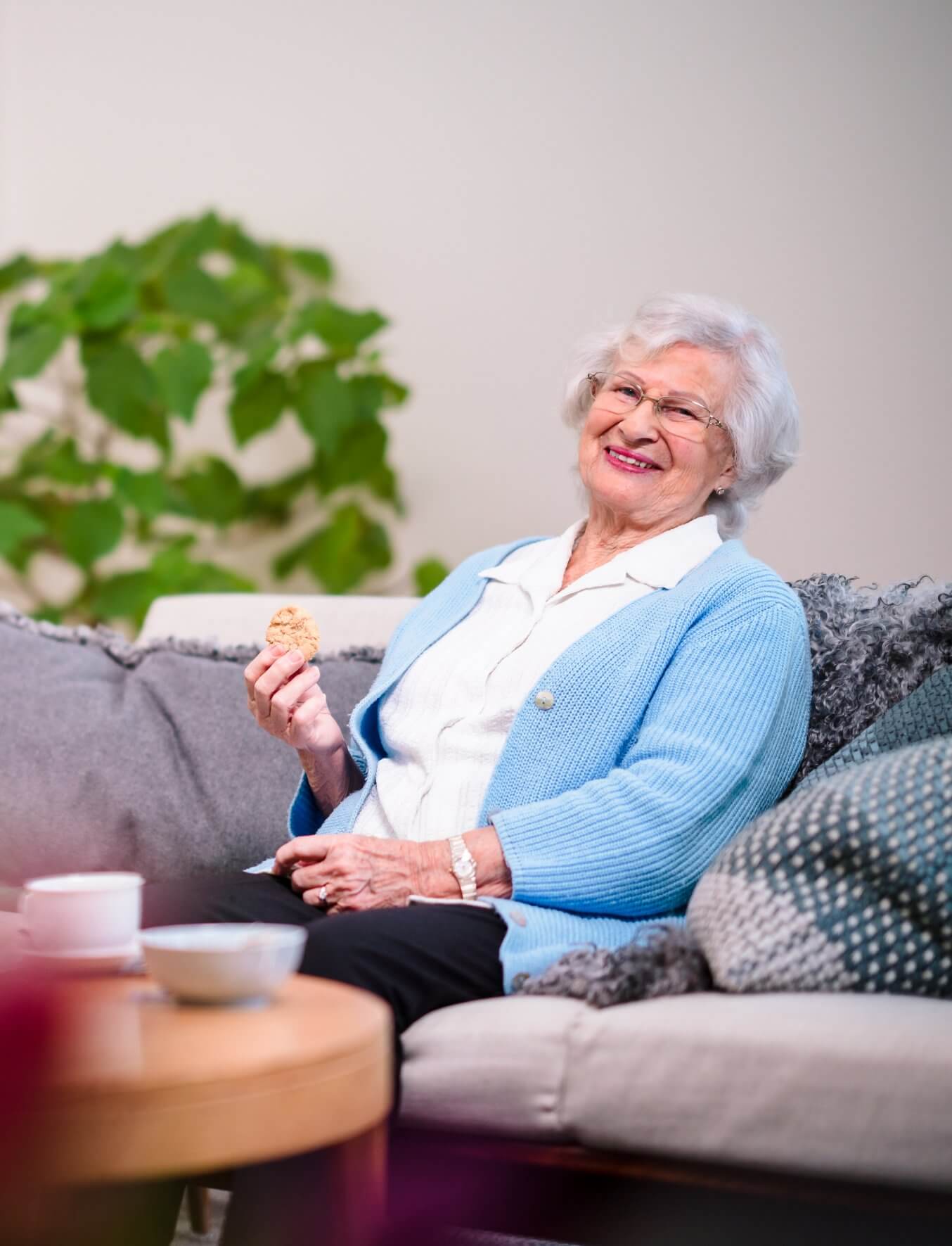 Elderly woman in blue sweater smiles while sitting on a couch and holding a cookie, with a plant in the background. - Home Instead