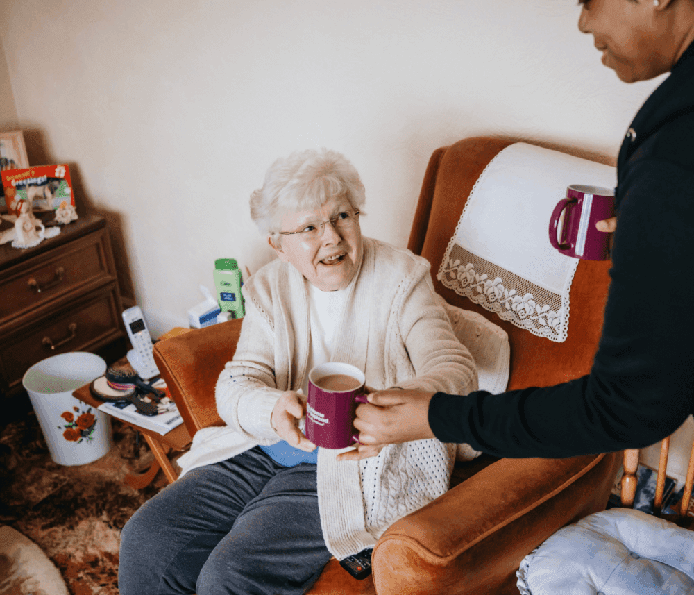 An elderly woman on a chair receives a mug from a person standing and smiling. - Home Instead