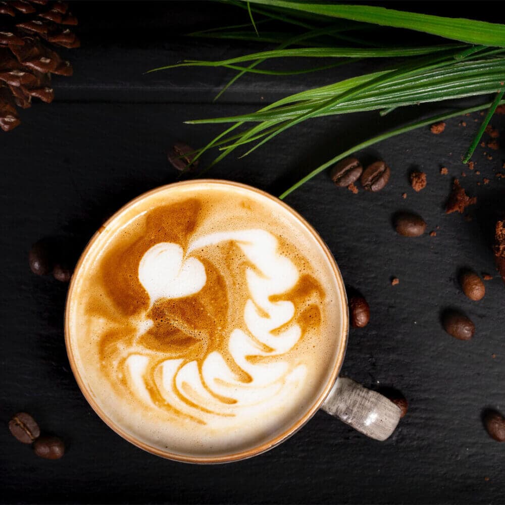 A latte with intricate milk froth art, surrounded by coffee beans and greenery on a dark surface. - Home Instead