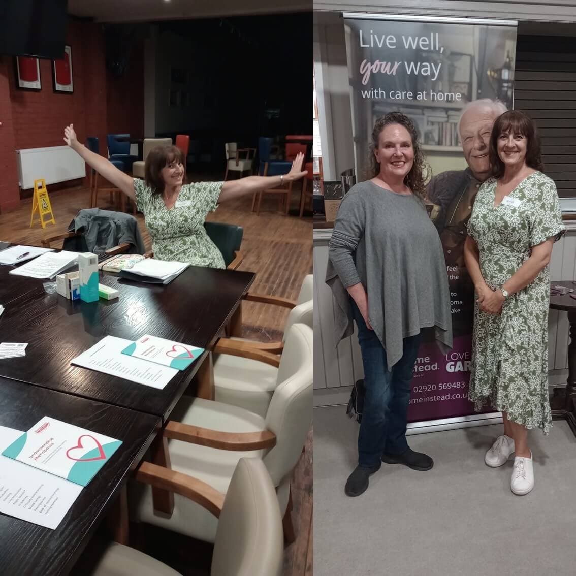 Two women smiling indoors; one raising arms at a table, the other standing with a woman in front of a "Live well" banner. - Home Instead