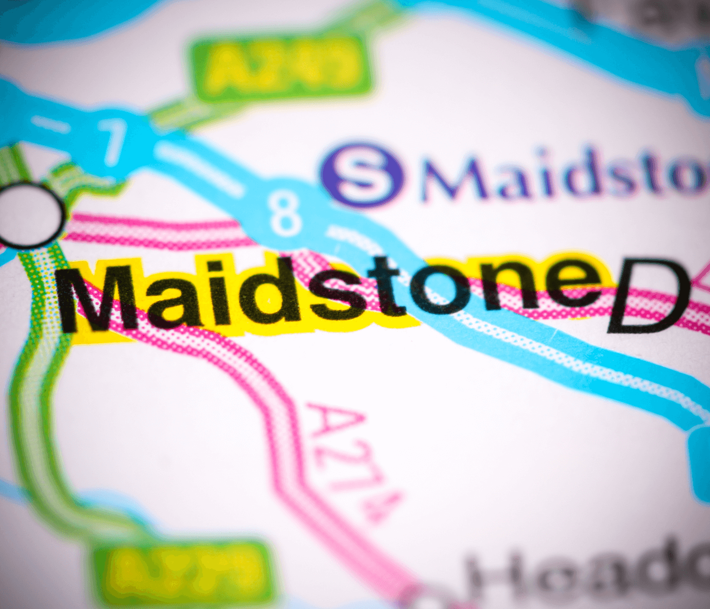 Map close-up of Maidstone, highlighted in yellow, featuring roads A20 and A229, along with some surrounding areas. - Home Instead