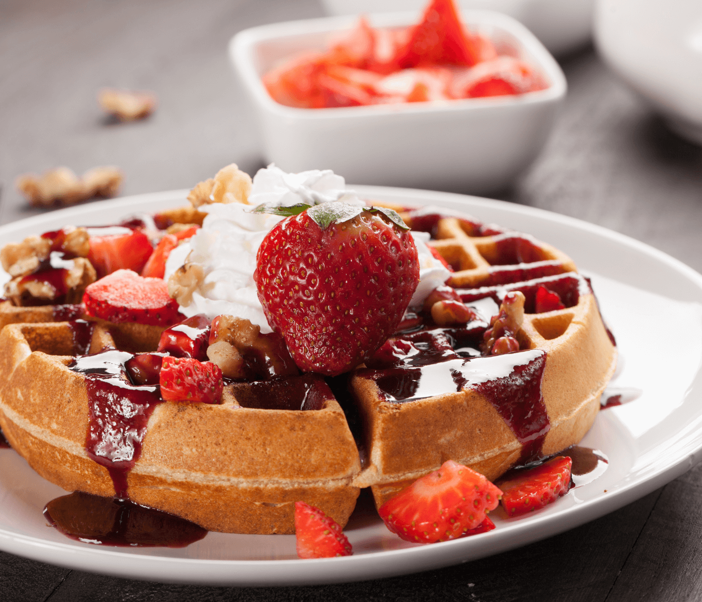 Plate of waffles topped with whipped cream, strawberries, nuts, and syrup, with a bowl of cut strawberries in the background. - Home Instead