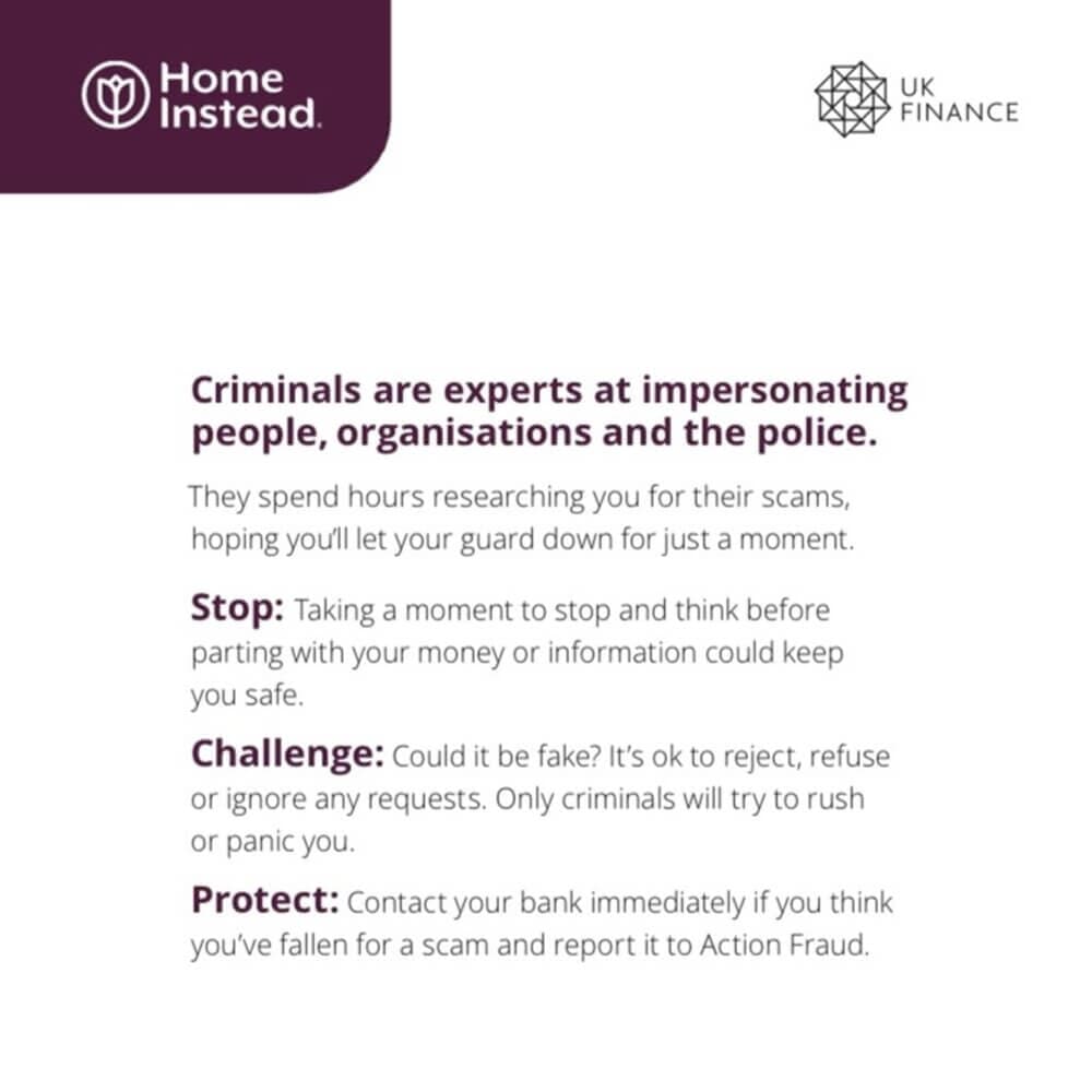 Text image with advice on avoiding scams, featuring logos of Home Instead and UK Finance at the top. - Home Instead