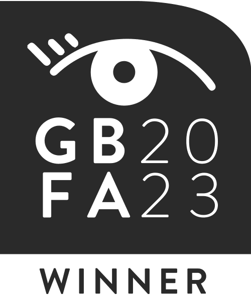 Black and white eye symbol with letters "GB" and "FA" in four rows, "20" and "23" in rows 2 and 3. "WINNER" at bottom. - Home Instead