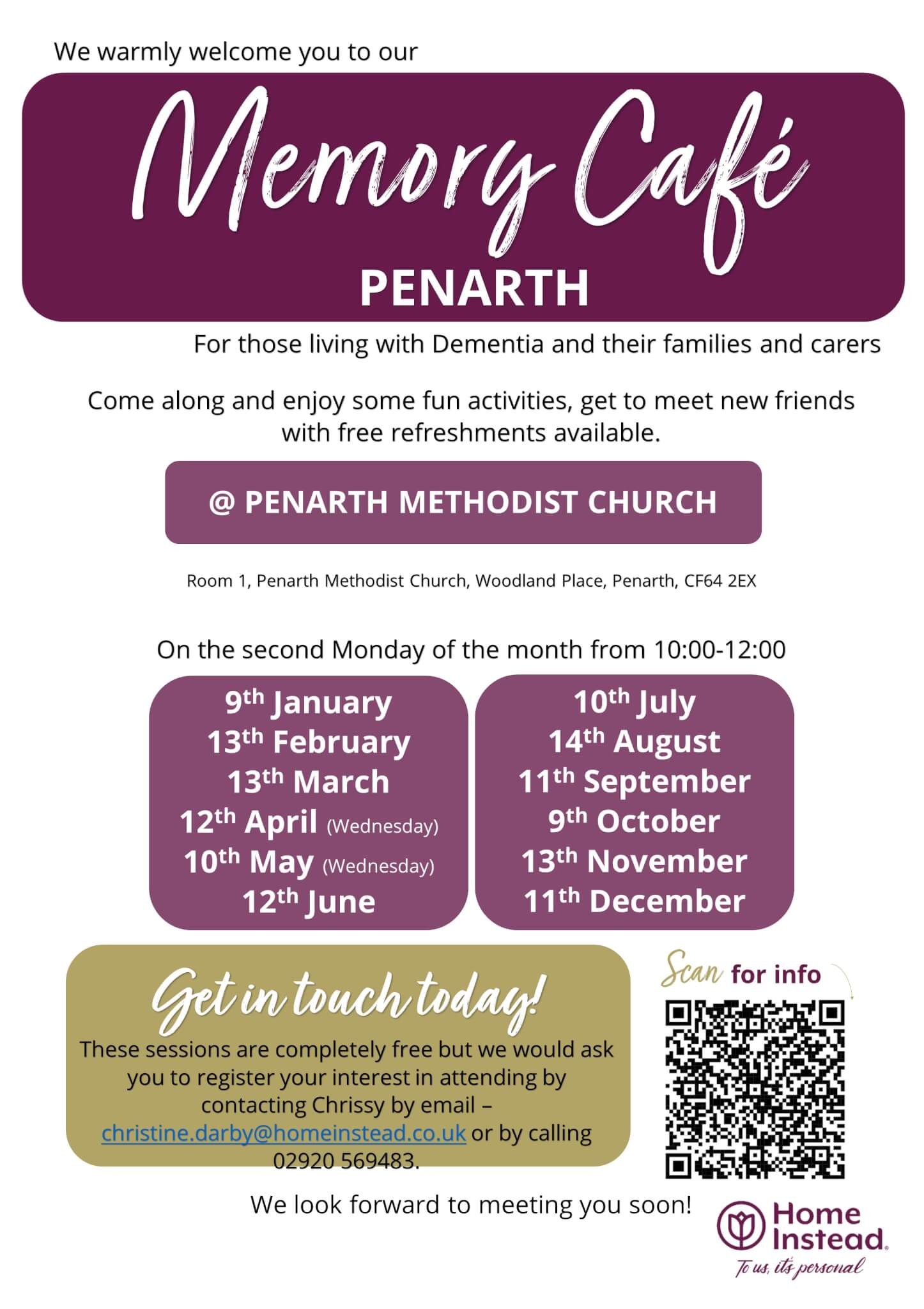 Flyer for the Memory Café Penarth detailing monthly dementia support meetings at Penarth Methodist Church. - Home Instead