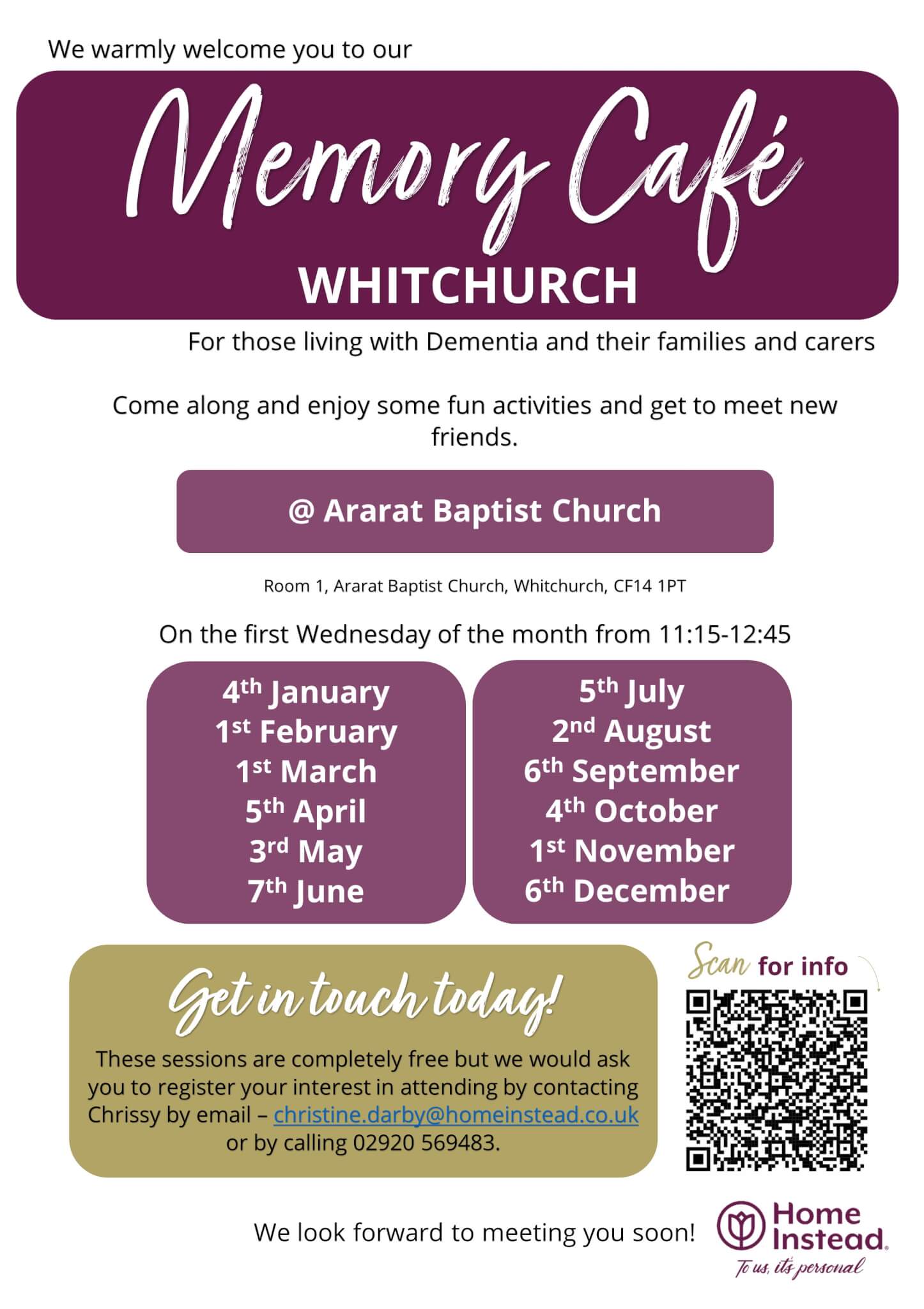 Flyer for Memory Café Whitchurch at Ararat Baptist Church, held on the first Wednesday monthly from 11:15 AM to 12:45 PM. - Home Instead