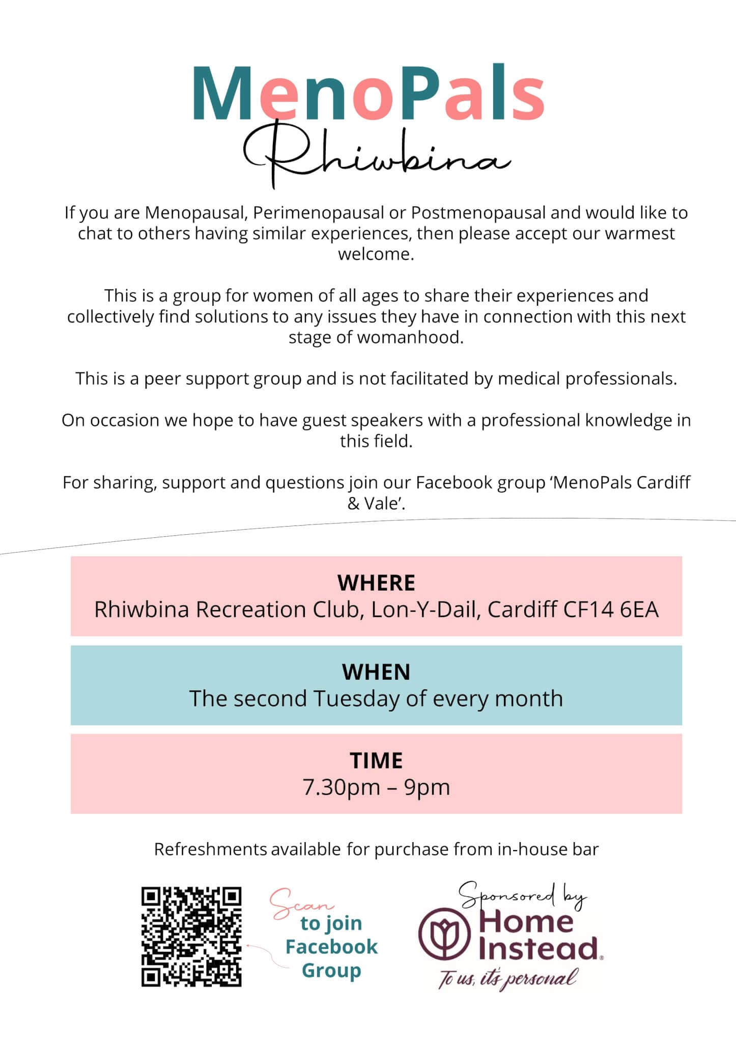 Flyer for MenoPals Rhiwbina, a peer support group for women in menopause. Meetings: second Tuesday each month, 7:30pm-9pm. - Home Instead