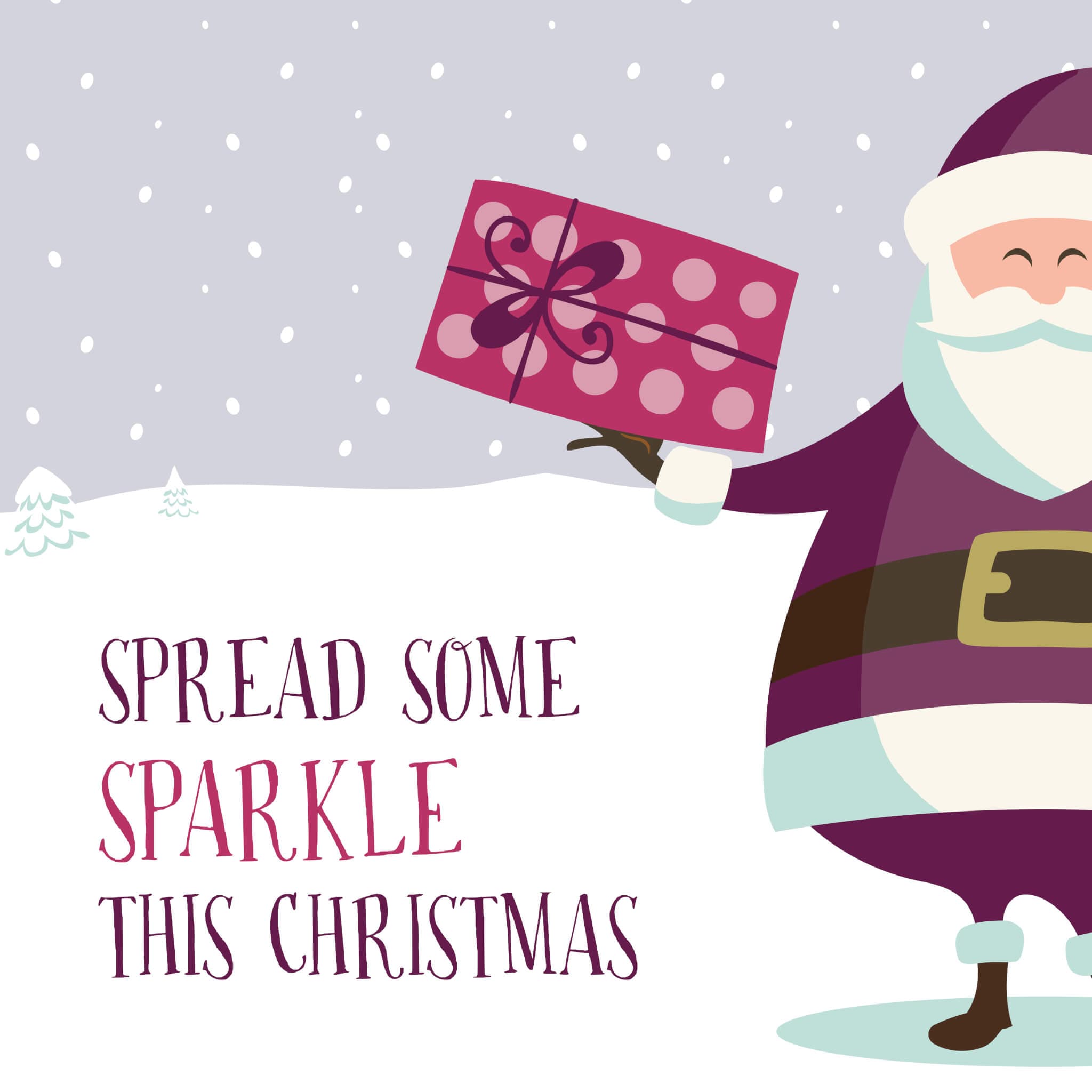 Illustration of Santa in a snowy scene holding a gift, with text "Spread some sparkle this Christmas. - Home Instead