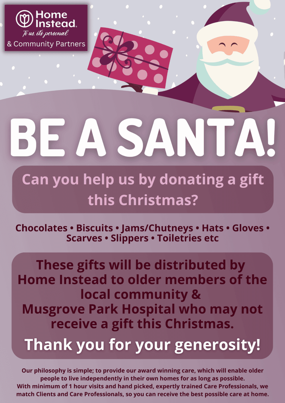 A festive poster features Santa, asking for Christmas gift donations for older community members and a local hospital. - Home Instead