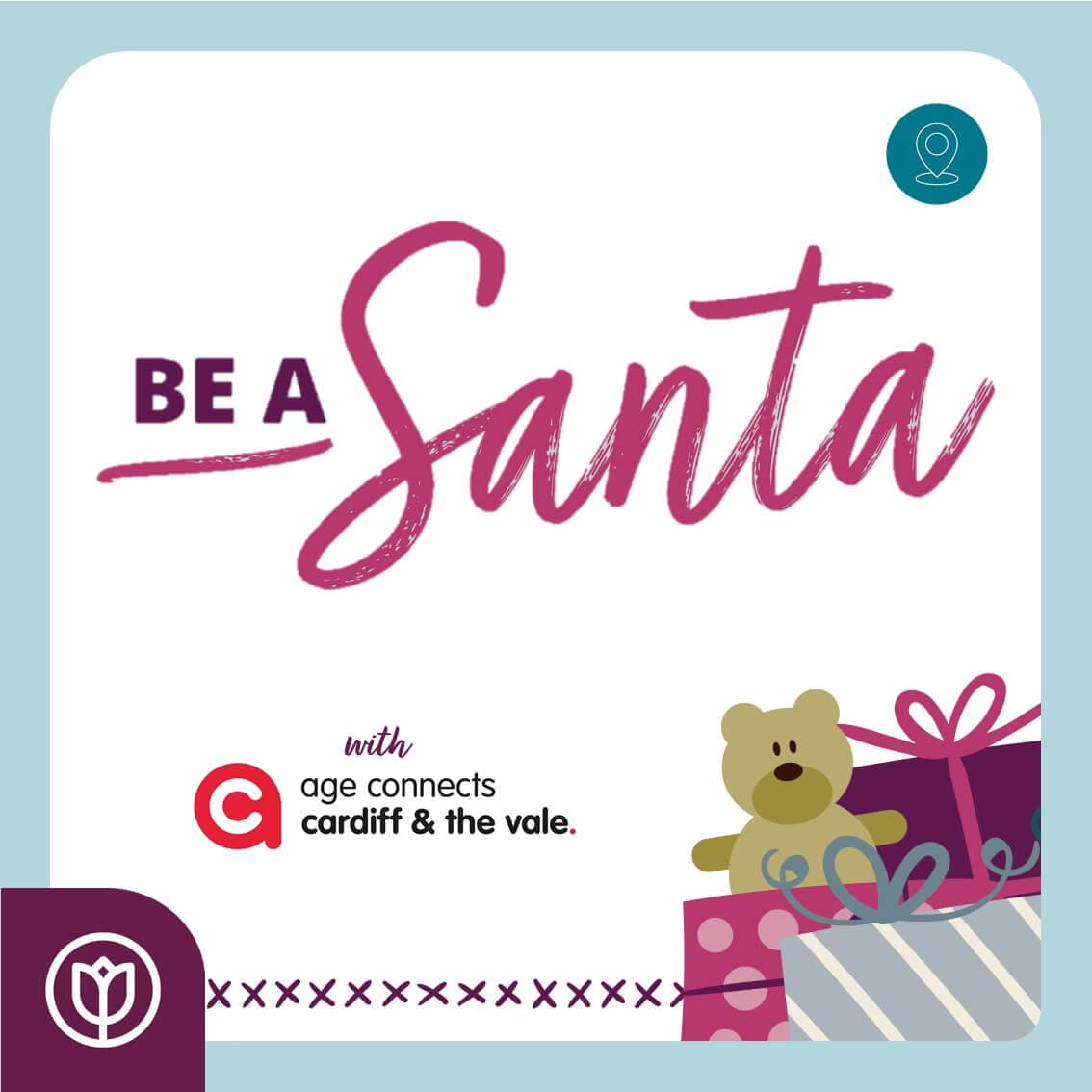 Be a Santa with Age Connects Cardiff & the Vale. Illustrated gifts and teddy bear on the bottom right. - Home Instead