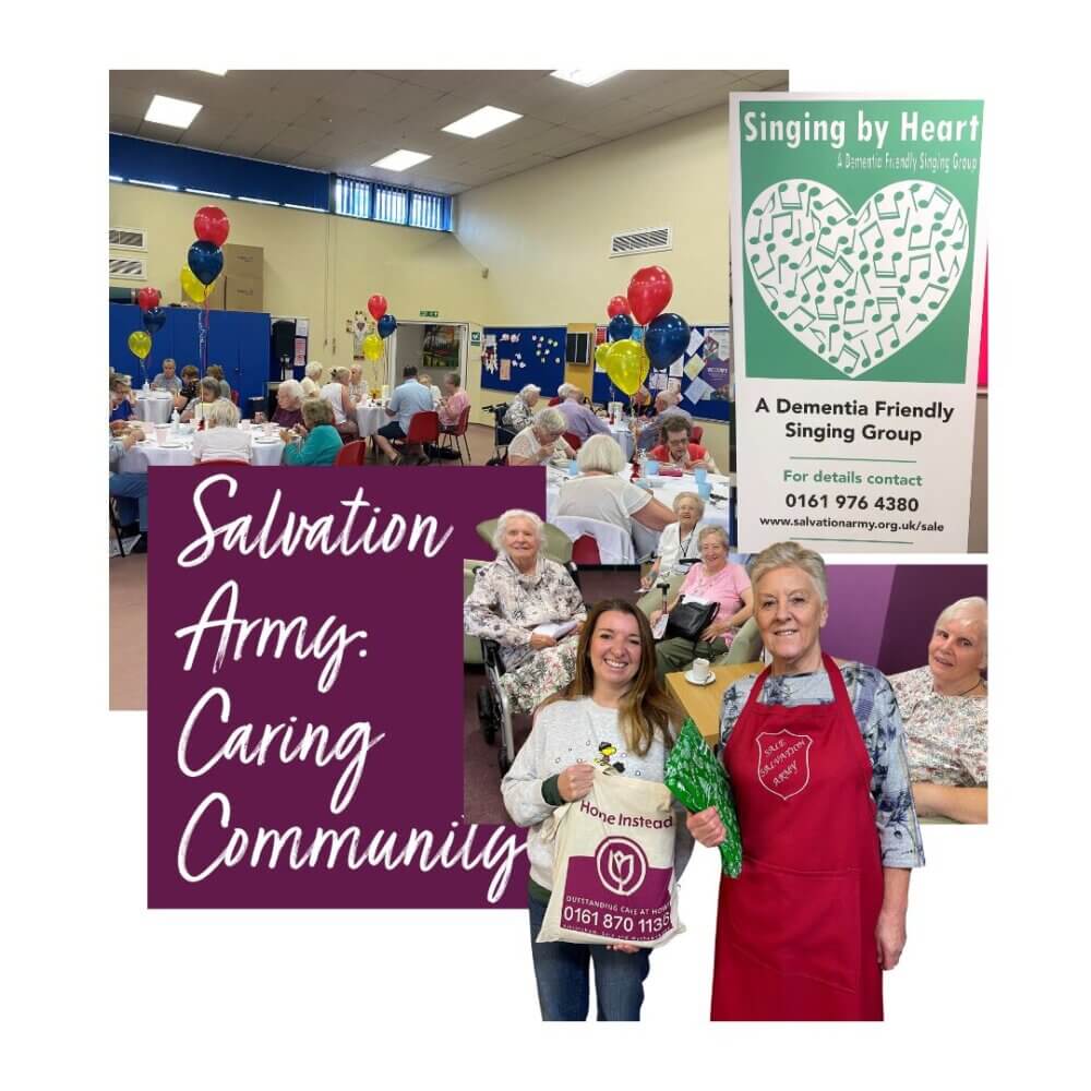 Group of elderly people at a Salvation Army event with staff, banner showing "Dementia Friendly Singing Group. - Home Instead