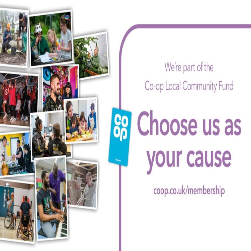 Collage of community activities next to text: "We're part of the Co-op Local Community Fund. Choose us as your cause. - Home Instead