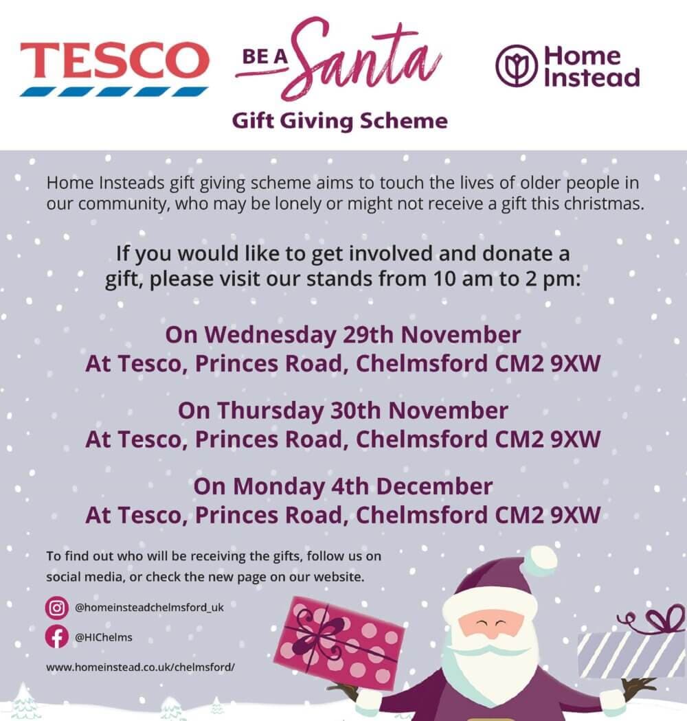 Gift giving scheme poster for Tesco and Home Instead inviting community members to donate gifts from November 29 to December 4. - Home Instead