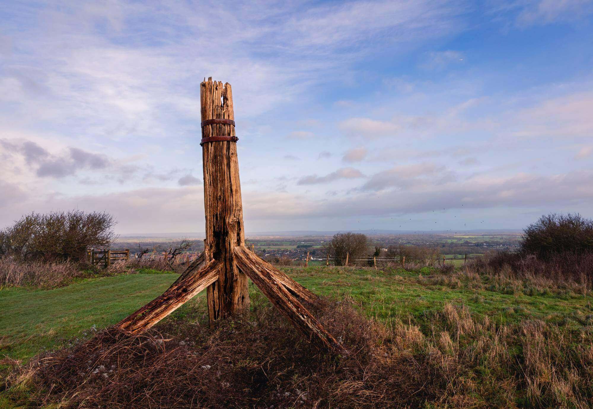 A weathered wooden pole stands in an open grassy field with a vast landscape and cloudy sky in the background. - Home Instead