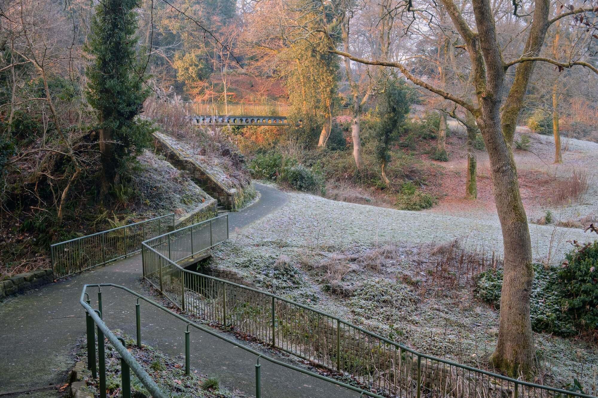 A winding path through a frosty park with trees and a small bridge in the background, on a cold winter morning. - Home Instead