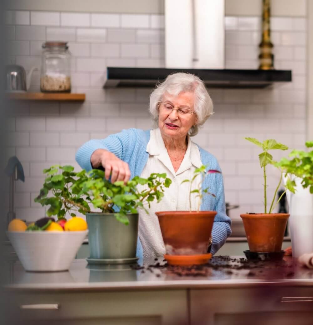 An elderly woman tends to potted plants on a kitchen counter with a fruit bowl nearby. The kitchen has white tile backsplash. - Home Instead Southampton