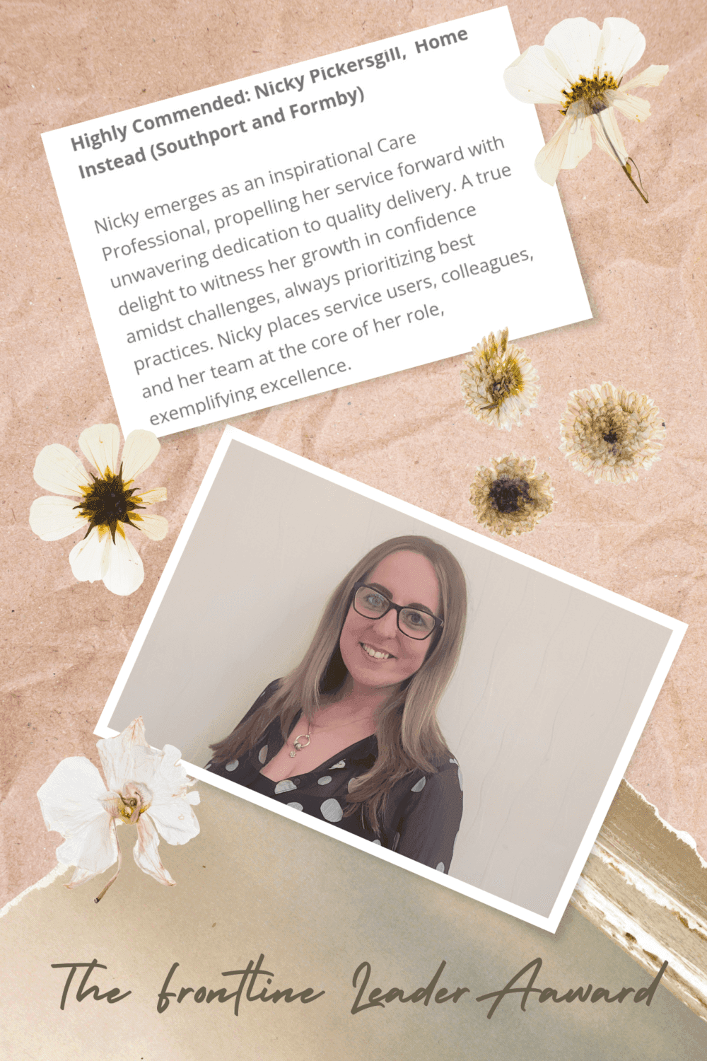 Award certificate with a photo of a smiling woman, with text recognizing her as an exemplary frontline care leader. - Home Instead